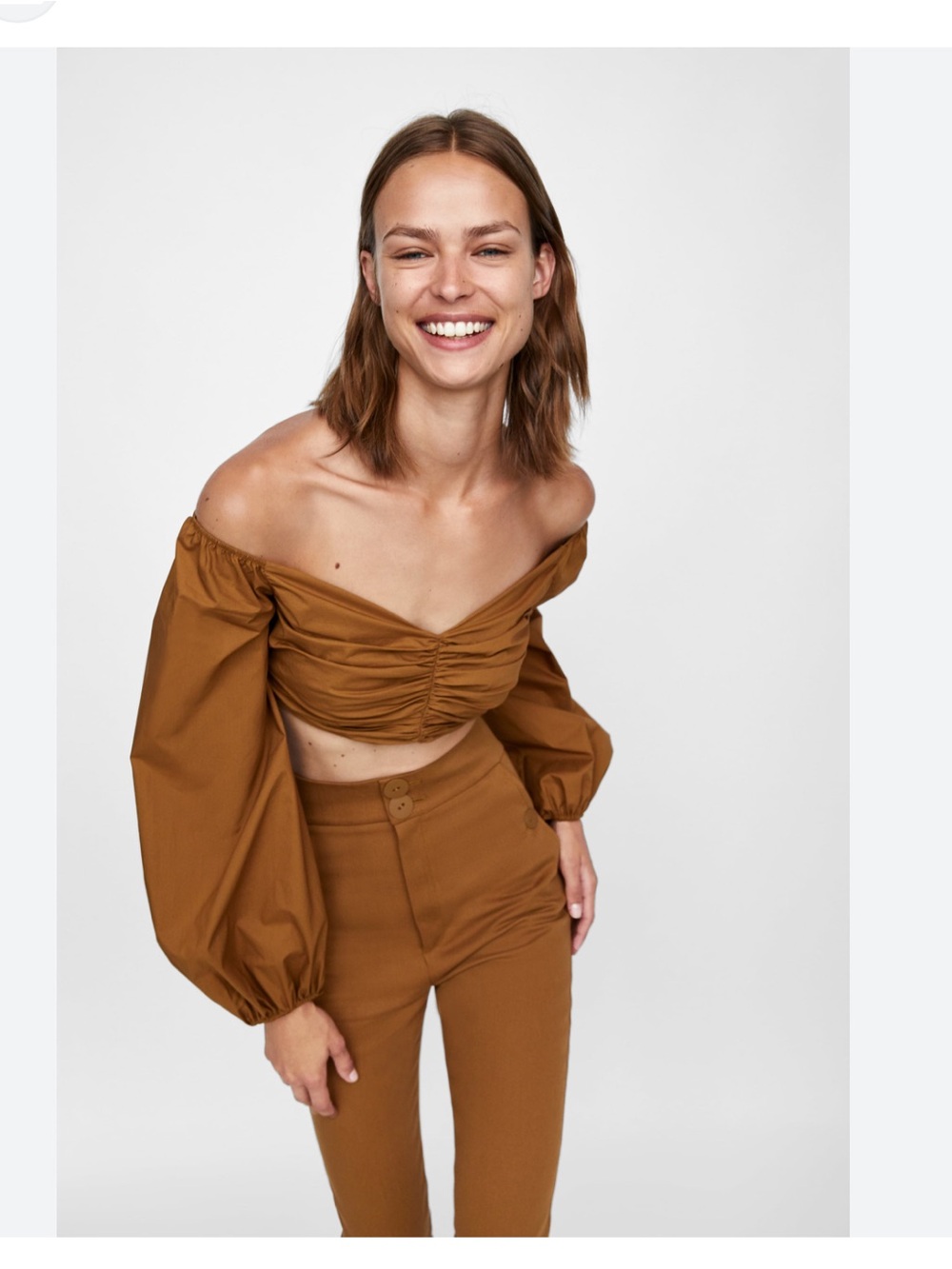 ZARA WOMAN Cropped Puff Sleeve Top Brown Large Boho Festival Travel Desert‎